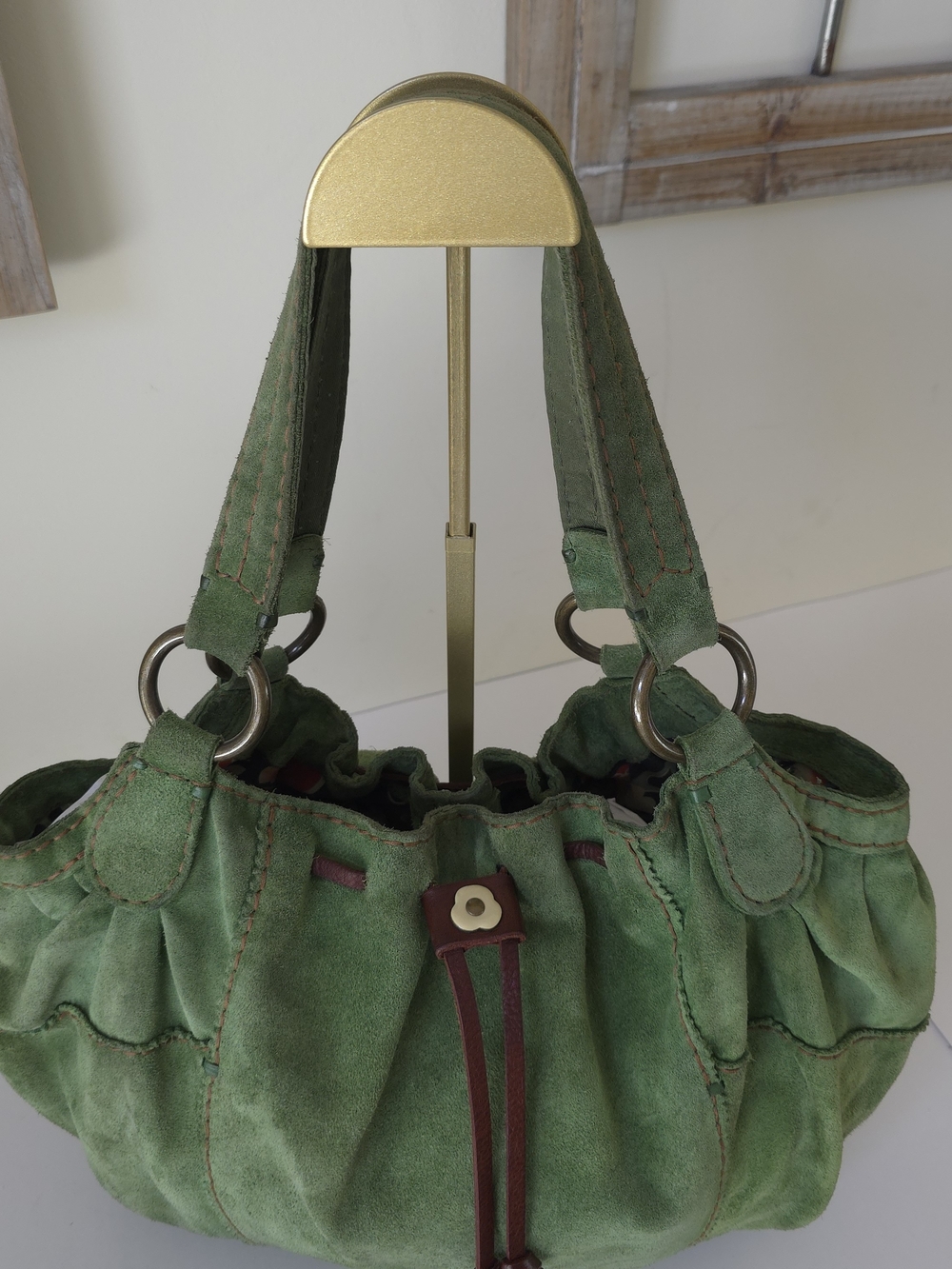 Vintage Lucky Brand Olive Green Suede Hobo Bag Floral Lining - Picture 5 of 14